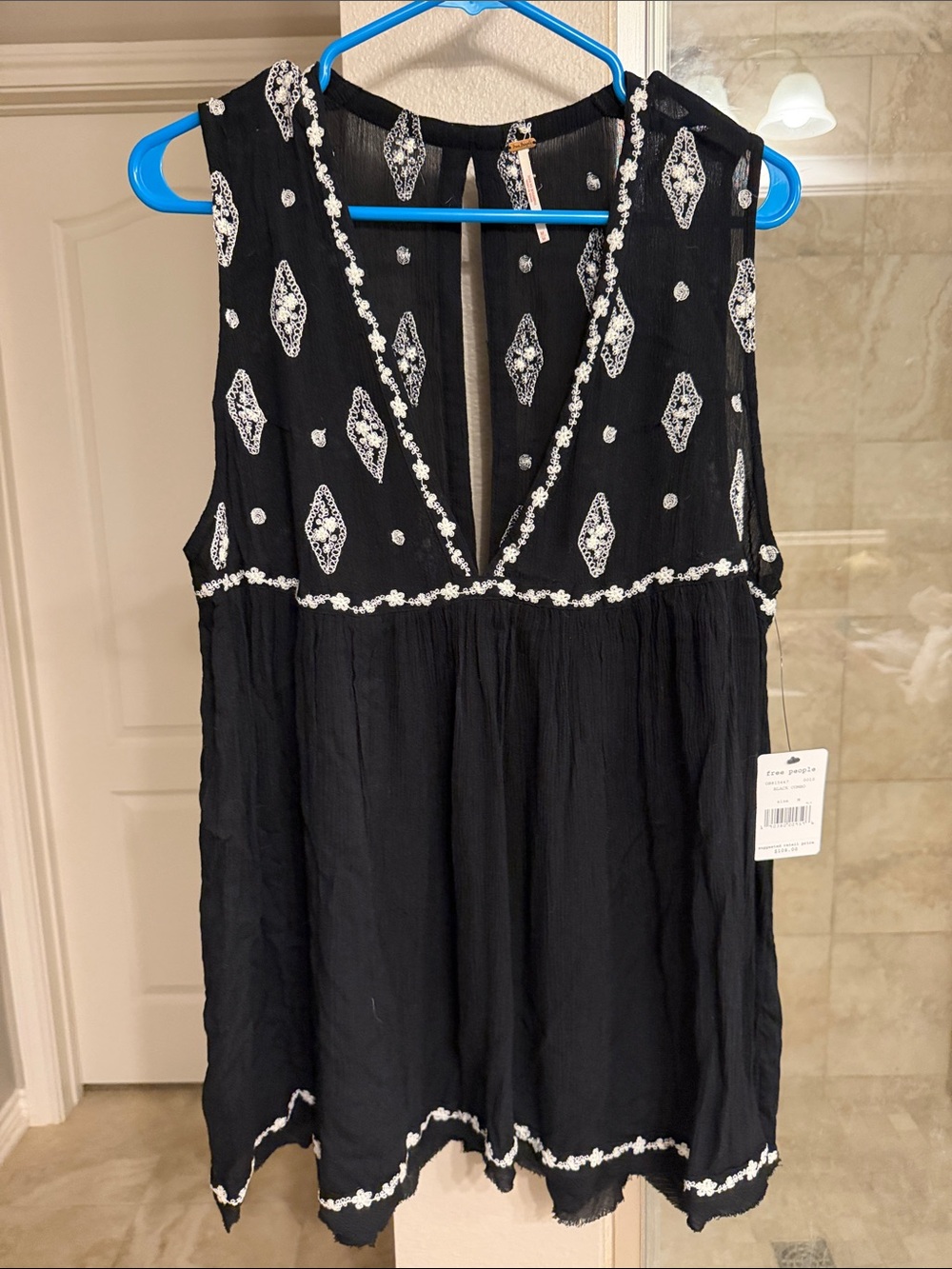 NWT Free People Black Embroidered V-Neck Sleeveless Women’s Top